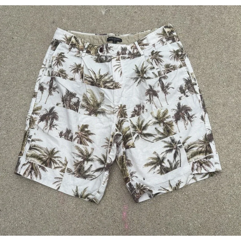Banana Republic Shorts Aiden Linen Blend Mens 34 Palm Tree Flat Front Beige